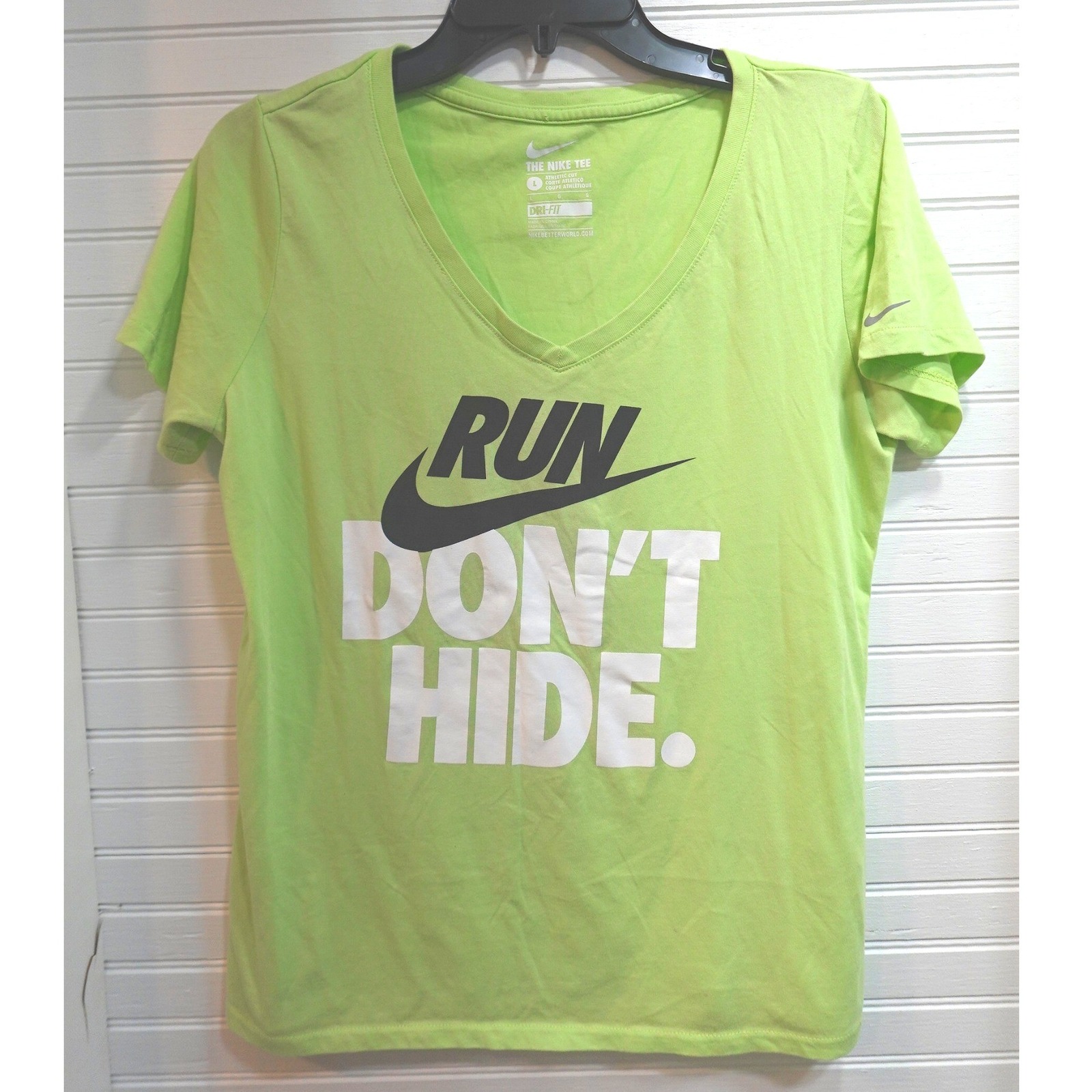 Nike Dri-Fit V-Neck T-Shirt Women's Size Large Neon Green Run Don't Hide Tee